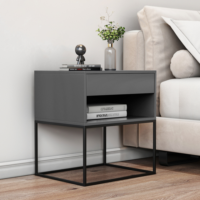 Gray Bedroom Nightstand with Drawer Bedside Table Metal Base Set of 2 - image 1
