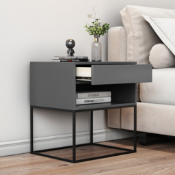 Gray Bedroom Nightstand with Drawer Bedside Table Metal Base Set of 2 - thumbnail 2