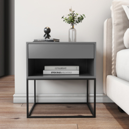 Gray Bedroom Nightstand with Drawer Bedside Table Metal Base Set of 2 - thumbnail 4
