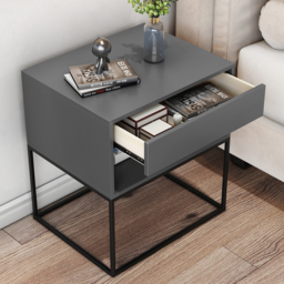 Gray Bedroom Nightstand with Drawer Bedside Table Metal Base Set of 2 - thumbnail 3