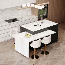205 - 285 cm Modern Extendable Sintered Stone Kitchen Island White with Doors and Drawers - thumbnail 5