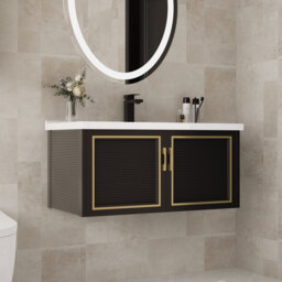 "27.9"" Floating Bathroom Vanity Set Wall Mounted Black with Ceramic Sink & Cabinet"