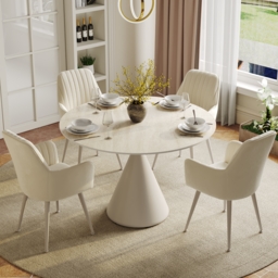 100cm Round Matte Travertine Sintered Stone Dining Table with Metal Pedestal Base - thumbnail 2