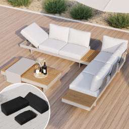 6-Person Modular Garden Sofa Set with Premium Teak Table & Aluminum Frame, Light Gray Cushions, Protective Covers Included - thumbnail 1