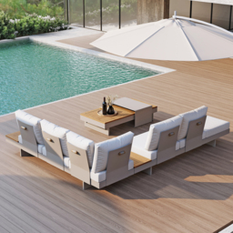 6-Person Modular Garden Sofa Set with Premium Teak Table & Aluminum Frame, Light Gray Cushions, Protective Covers Included - thumbnail 6