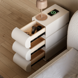 Narrow Modern White Leather Smart Nightstand with Wireless Charger 3 Drawers Bedside Table with USB & Type-C Ports - thumbnail 5