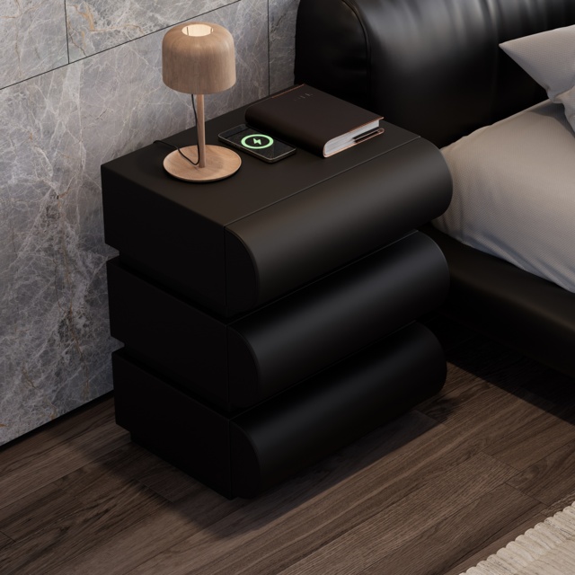 Modern Black Leather Smart Bedside Table with Wireless Charger 3 Drawers Bedside Table with USB & Type-C Ports - image 1