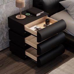Modern Black Leather Smart Bedside Table with Wireless Charger 3 Drawers Bedside Table with USB & Type-C Ports - thumbnail 5
