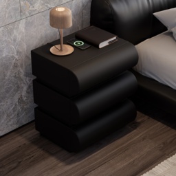 Modern Black Leather Smart Bedside Table with Wireless Charger 3 Drawers Bedside Table with USB & Type-C Ports - thumbnail 1