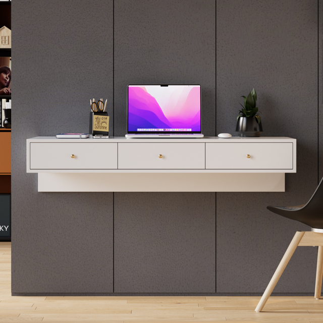 1000mm Modern White Floating Desk with Drawers Wall Mounted Desk in Pine Wood Frame - image 1