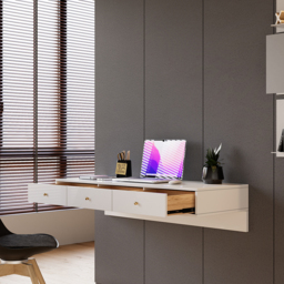 1000mm Modern White Floating Desk with Drawers Wall Mounted Desk in Pine Wood Frame - thumbnail 4