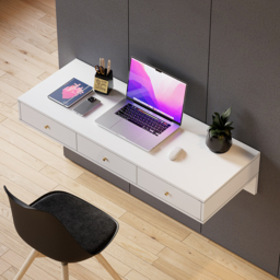 1000mm Modern White Floating Desk with Drawers Wall Mounted Desk in Pine Wood Frame - thumbnail 5