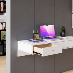 1000mm Modern White Floating Desk with Drawers Wall Mounted Desk in Pine Wood Frame - thumbnail 7