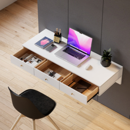 1000mm Modern White Floating Desk with Drawers Wall Mounted Desk in Pine Wood Frame - thumbnail 6