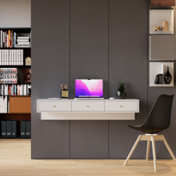 1000mm Modern White Floating Desk with Drawers Wall Mounted Desk in Pine Wood Frame - thumbnail 2