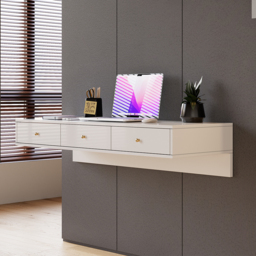 1000mm Modern White Floating Desk with Drawers Wall Mounted Desk in Pine Wood Frame - thumbnail 3