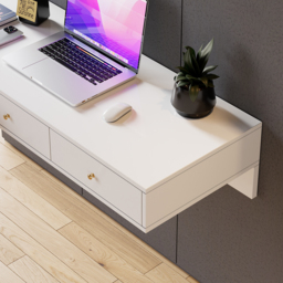 1000mm Modern White Floating Desk with Drawers Wall Mounted Desk in Pine Wood Frame - thumbnail 9