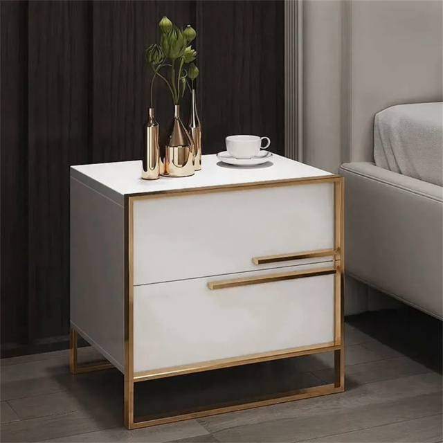 Minimalist Design Nightstand with 2 Drawers with Gold Base Set of 2 - image 1