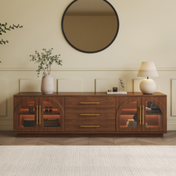 Arune 1829 mm Mid Century Modern Walnut TV Stand Coffee Table Set with LED Lights and Arched Glass Cabinet Doors - thumbnail 4