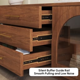 Arune 1829 mm Mid Century Modern Walnut TV Stand Coffee Table Set with LED Lights and Arched Glass Cabinet Doors - thumbnail 8