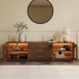 Arune 1829 mm Mid Century Modern Walnut TV Stand Coffee Table Set with LED Lights and Arched Glass Cabinet Doors - thumbnail 5