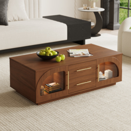 Arune 1829 mm Mid Century Modern Walnut TV Stand Coffee Table Set with LED Lights and Arched Glass Cabinet Doors - thumbnail 9