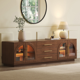 Arune 1829 mm Mid Century Modern Walnut TV Stand Coffee Table Set with LED Lights and Arched Glass Cabinet Doors - thumbnail 3