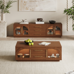 Arune 1829 mm Mid Century Modern Walnut TV Stand Coffee Table Set with LED Lights and Arched Glass Cabinet Doors - thumbnail 1