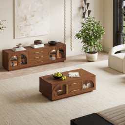 Arune 1829 mm Mid Century Modern Walnut TV Stand Coffee Table Set with LED Lights and Arched Glass Cabinet Doors - thumbnail 2