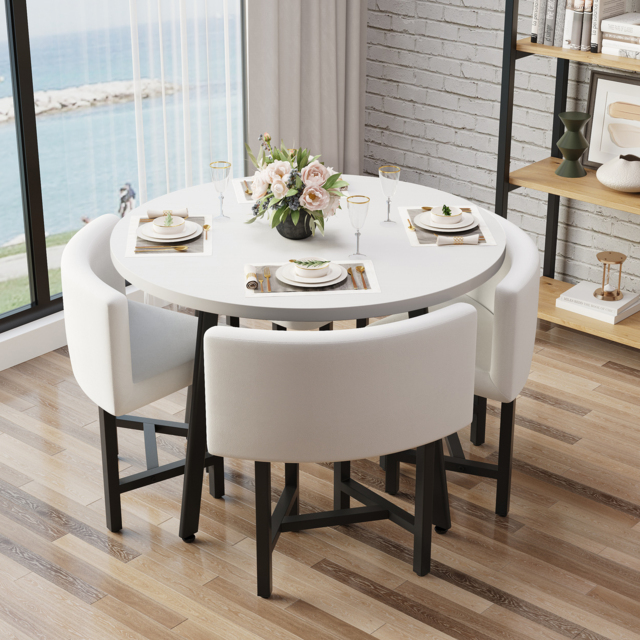 "40"" Round Wooden White Small Nesting Dining Table Set for 4 White Upholstered Chairs" - image 1