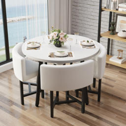 "40"" Round Wooden White Small Nesting Dining Table Set for 4 White Upholstered Chairs"