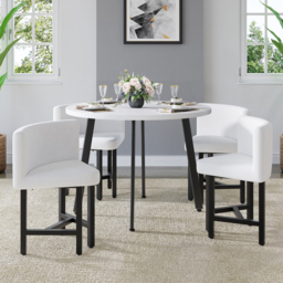 "40"" Round Wooden White Small Nesting Dining Table Set for 4 White Upholstered Chairs" - thumbnail 2