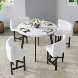 "40"" Round Wooden White Small Nesting Dining Table Set for 4 White Upholstered Chairs" - thumbnail 4