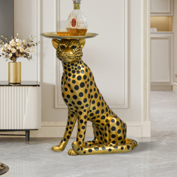 Resin Panther End Table Decorative Cocktail Table Luxury Gold Leopard Accent Side Table with Tray Top Drink Table