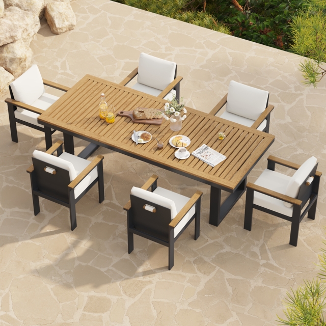 Rectangle Teak Wood & Aluminium Outdoor Patio Dining Table Modern Yard & Patio Furniture for 6 - 8 Person Teak & Aluminium Outdoor Dining Chair - image 1