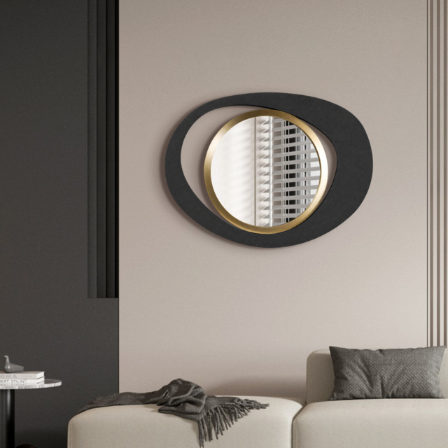 90cm Abstract Wall Mirror, Matte Black and Gold, Horizontal or Vertical - image 1