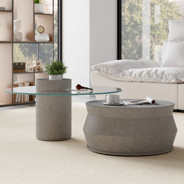 Set of 2 Round Nesting Coffee Table Set Glass Modern Concrete Gray Drum Coffee Table - image 1