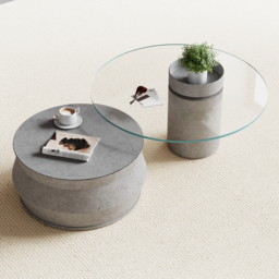 Set of 2 Round Nesting Coffee Table Set Glass Modern Concrete Gray Drum Coffee Table - thumbnail 2