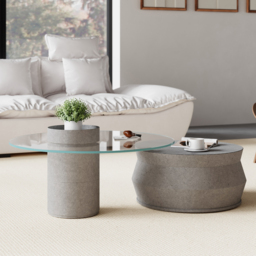Set of 2 Round Nesting Coffee Table Set Glass Modern Concrete Gray Drum Coffee Table - thumbnail 4