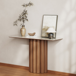 Travertine Top Console Table Solid Wood Entryway Furniture in Walnut & Beige (1200mm Wide) - thumbnail 2