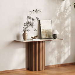 Travertine Top Console Table Solid Wood Entryway Furniture in Walnut & Beige (1200mm Wide) - thumbnail 4
