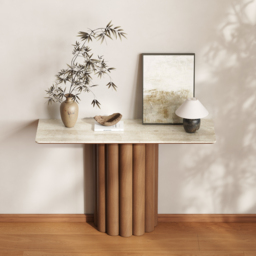 Travertine Top Console Table Solid Wood Entryway Furniture in Walnut & Beige (1200mm Wide) - thumbnail 5