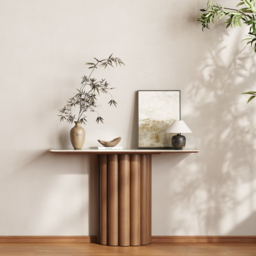 Travertine Top Console Table Solid Wood Entryway Furniture in Walnut & Beige (1200mm Wide) - thumbnail 3