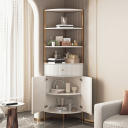 1900mm Modern White Etagere Bookshelf 1 Drawer & 2 Doors Wooden Tall Bookcase with Rich Storage - thumbnail 2
