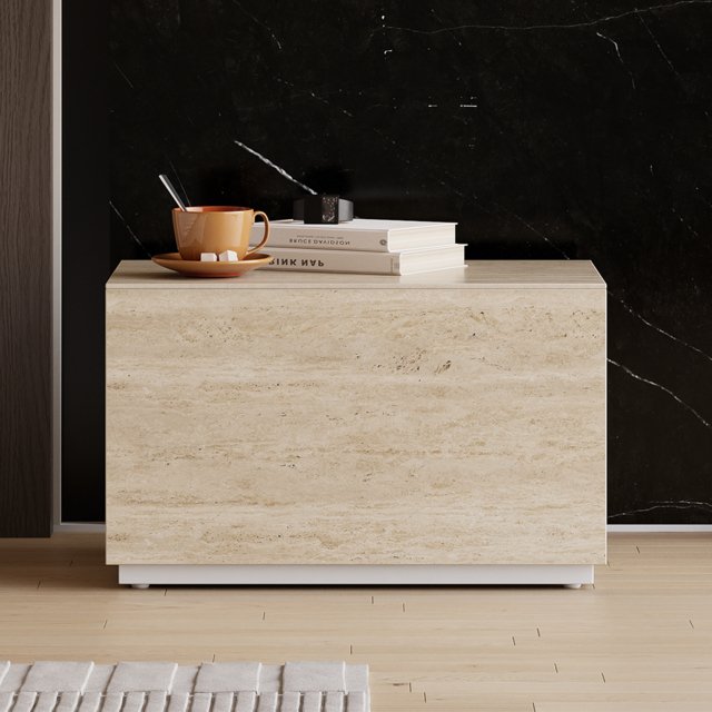 Modern 600mmW Faux Travertine Nightstand 1 Drawer Bedside Table Set of 2 - image 1