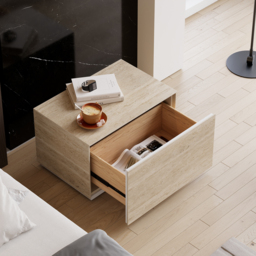 Modern 600mmW Faux Travertine Nightstand 1 Drawer Bedside Table Set of 2 - thumbnail 2