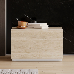 Modern 600mmW Faux Travertine Nightstand 1 Drawer Bedside Table Set of 2 - thumbnail 1