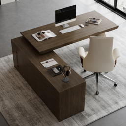 "Modern 71"" L-Shaped Smoked Brown Executive Desk with Left-Side Cabinet" - thumbnail 5