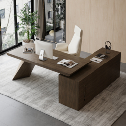 "Modern 71"" L-Shaped Smoked Brown Executive Desk with Left-Side Cabinet" - thumbnail 1