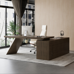 "Modern 71"" L-Shaped Smoked Brown Executive Desk with Left-Side Cabinet" - thumbnail 2